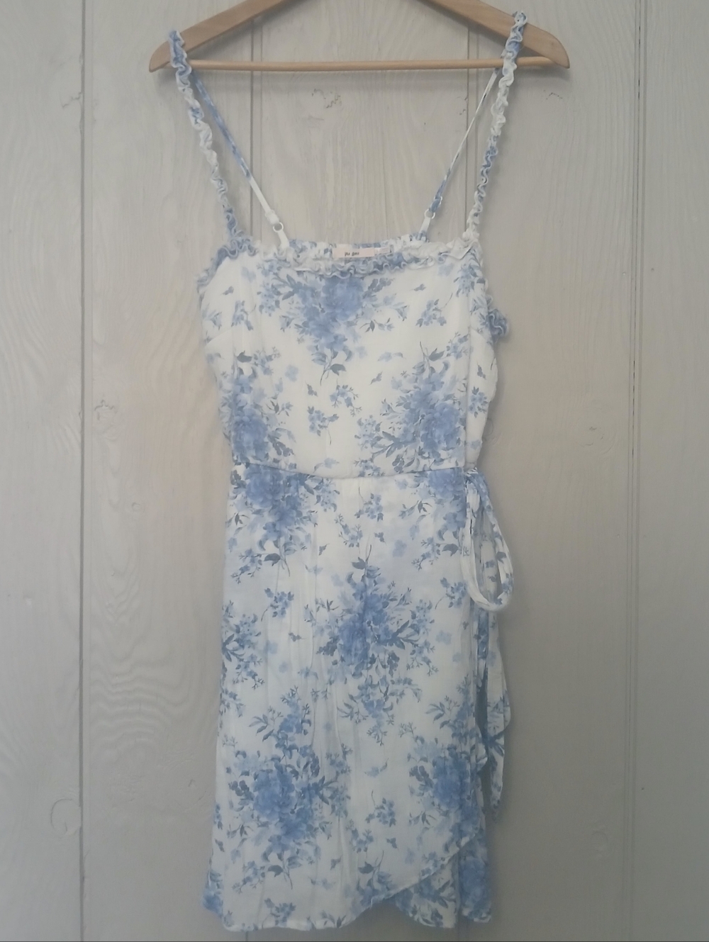 White Blue Floral Tie-Waist Mi Ami Mini Dress Size Large